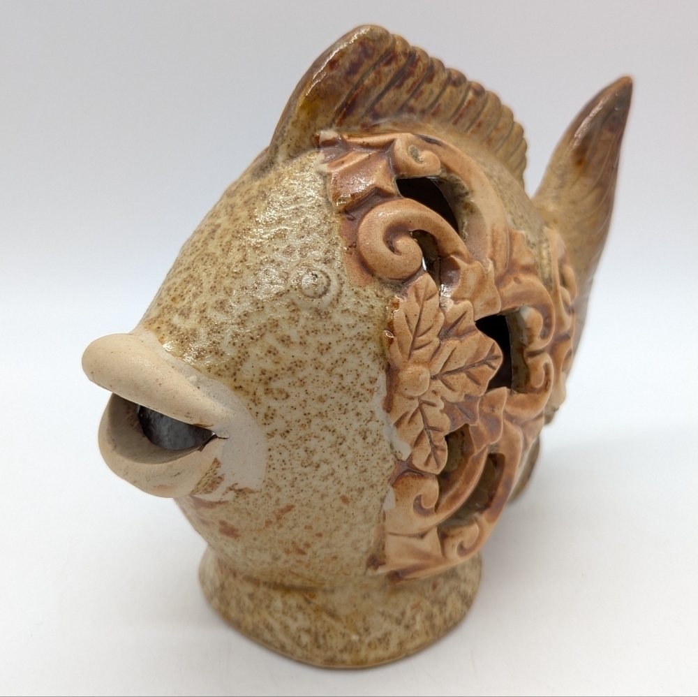 Vintage Ceramic Brown Tan Fish Sculpture Tea Light Candle Holder